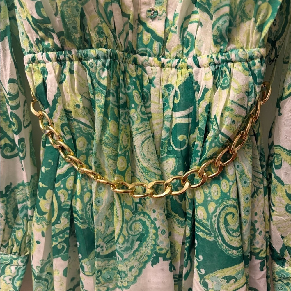 The Clothing Company Green and White Paisley Dress w/ Gold Chain Belt detail - Picture 3 of 5